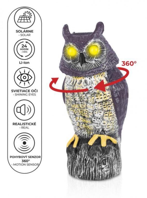 Plasič vtákov Sova solárna, svietiace oči, otáčajúca hlava, 43cm Strend Pro