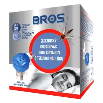 Elektrický odparovač BROS do zásuvky s tekutou náplňou proti komárom a lietajúcemu hmyzu.