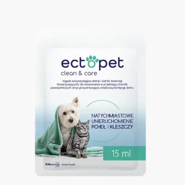 Kúpeľ ECTOPET clean & care 15 ml – jemný prípravok pre psov a mačky proti svrbeniu a parazitom s regeneračným účinkom na pokožku.