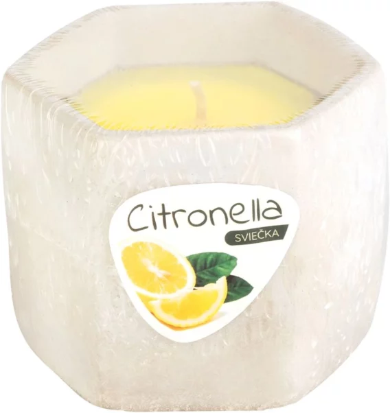 citronella sviečka v cementovej nádobke s etiketou citrusov