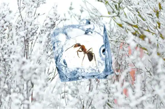 Účinok Frost Spray: mravec uväznený v ľade