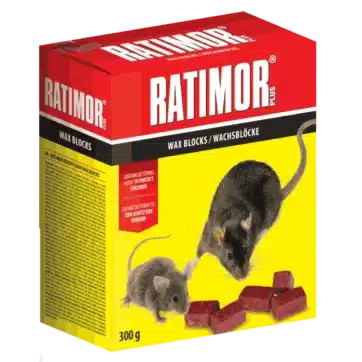 Parafínové bloky RATIMOR PLUS 300g na deratizáciu vo vlhkom prostredí.