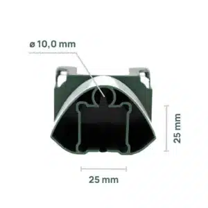 Technický detail montážnych otvorov adaptéra pre sklolaminátové tyčky s priemerom 10 mm a drevené koly s rozmerom 25 x 25 mm.