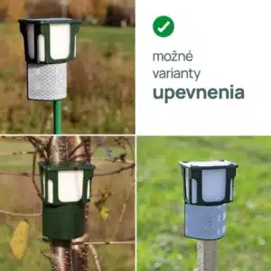 Ukážka možných variantov upevnenia PROFI adaptéra: na sklolaminátovú tyčku, kmeň stromu alebo drevený kolík.