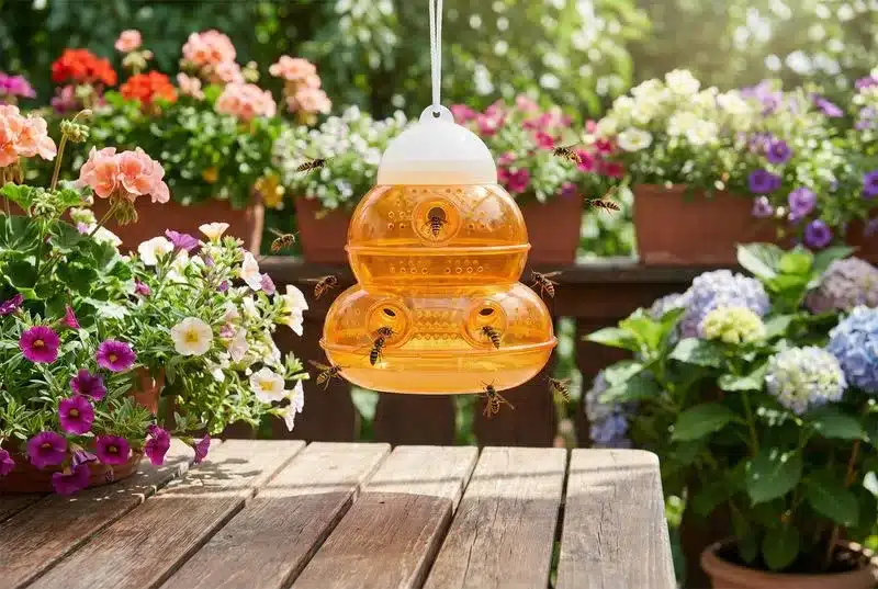 Závesná pasca na osy umiestnená na vetve ovocného stromu v záhrade.