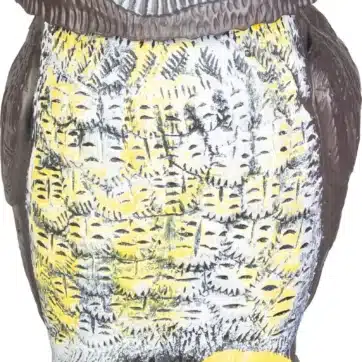 Solárny plašič vtákov v tvare sovy so svietiacimi žltými očami a realistickým ručne maľovaným perím.