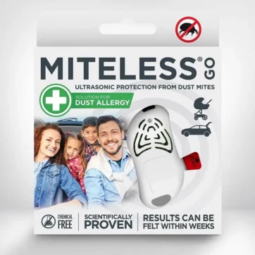 Biely prenosný prístroj Miteless GO - Ultrazvukový odpudzovač roztočov so sponou