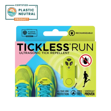 Žltý športový odpudzovač TICKLESS RUN - Dobíjateľný ultrazvukový odpudzovač kliešťov a bĺch pre ľudí pripevnený na teniske