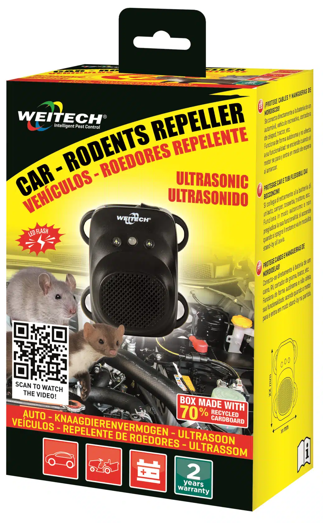 Profesionalný duálny odpudzovač proti kunám a hlodavcom do auta Weitech WK0508 namontovaný v motorovom priestore