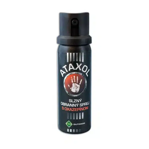 Kompaktný obranný sprej ATAXOL 50ml od slovenského výrobcu FOR s kužeľovitým rozptylom.