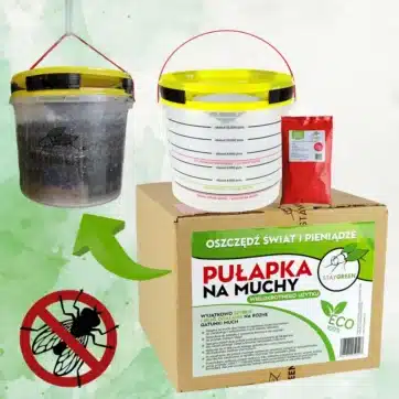 Veľkokapacitný vonkajší lapač múch STAY GREEN v podobe žltého plastového vedra s červeným lanom na zavesenie.