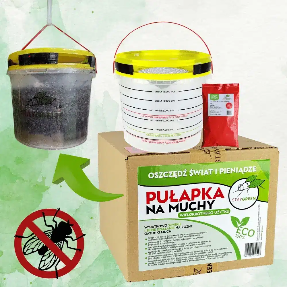 Veľkokapacitný vonkajší lapač múch STAY GREEN v podobe žltého plastového vedra s červeným lanom na zavesenie.